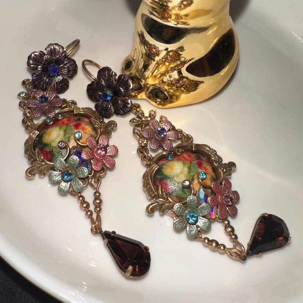 Vintage Floral Enamel Statement Earrings with Crystal Flowers & Teardrop Jewel